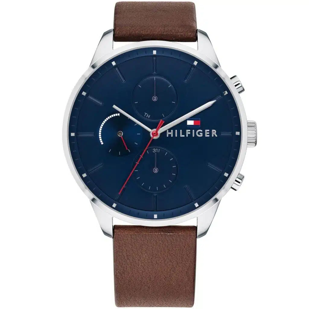 Tommy Hilfiger Chase 1791487 Silver Case Blue Dial Brown Leather Men's Watch