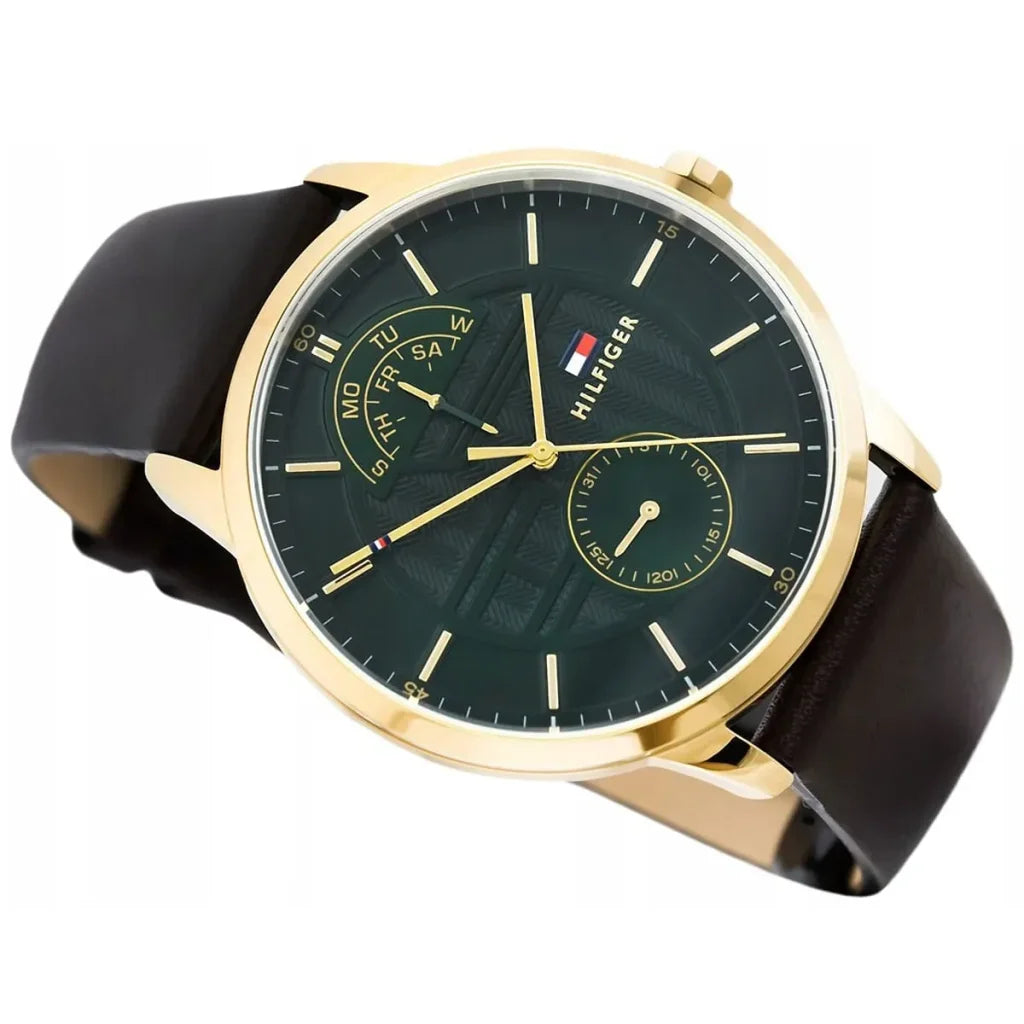 Tommy Hilfiger Hunter 1791607 Gold Case Green Textured Dial Brown Leather Men's Watch