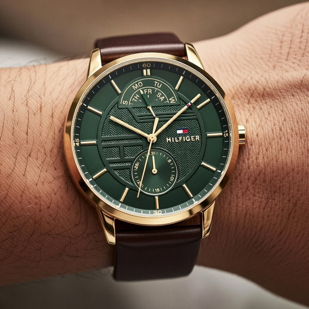 Tommy Hilfiger Hunter 1791607 Gold Case Green Textured Dial Brown Leather Men's Watch