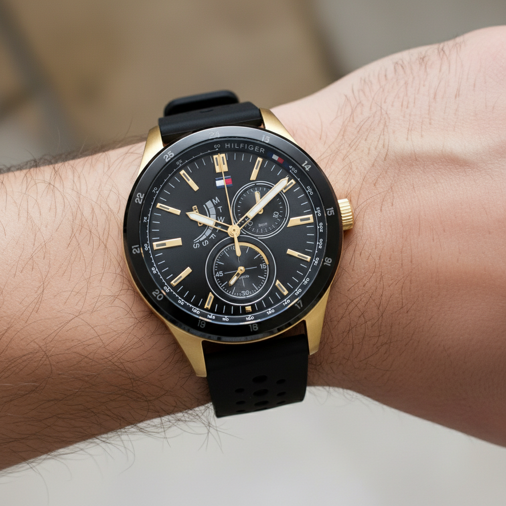Tommy Hilfiger Austin 1791636 Gold Case Black Dial Black Silicone Men's Watch