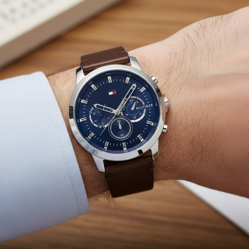 Tommy Hilfiger Jameson 1791797 Silver Case Blue Dial Brown Leather Men's Watch