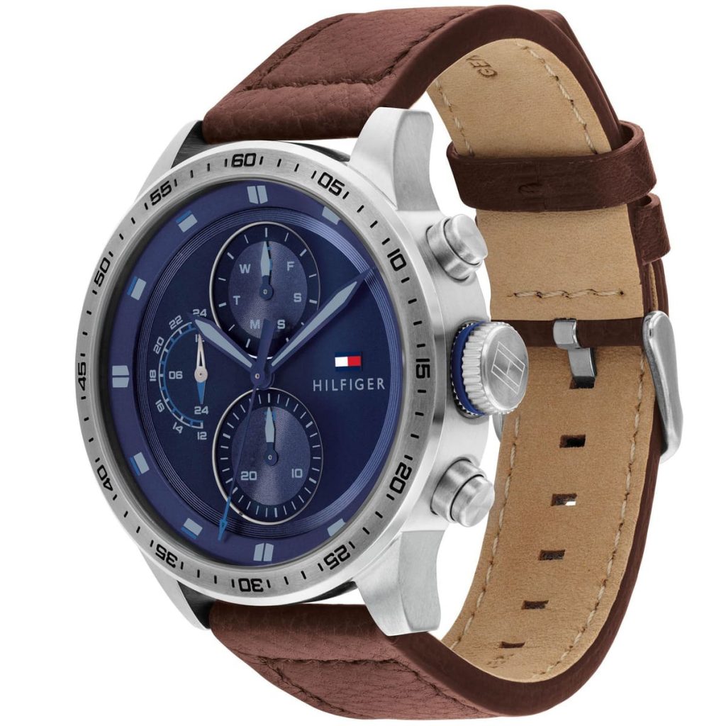 Tommy Hilfiger Trent 1791807 Silver Case Blue Dial Brown Leather Men's Watch