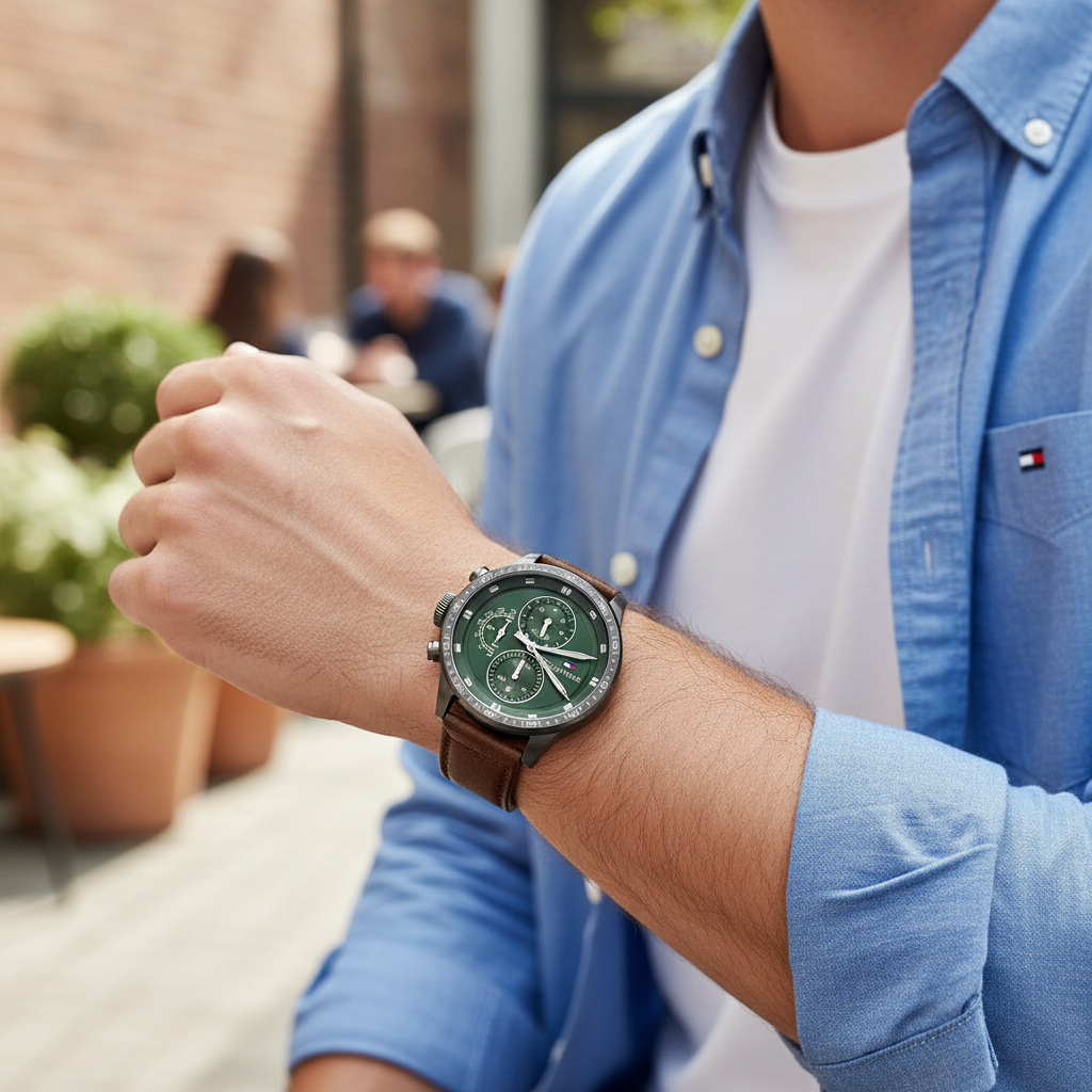 Tommy Hilfiger Trent 1791809 Gunmetal Case Green Dial Brown Leather Men's Watch