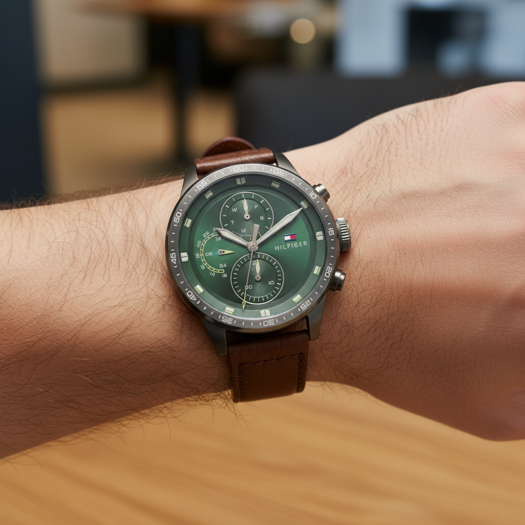 Tommy Hilfiger Trent 1791809 Gunmetal Case Green Dial Brown Leather Men's Watch