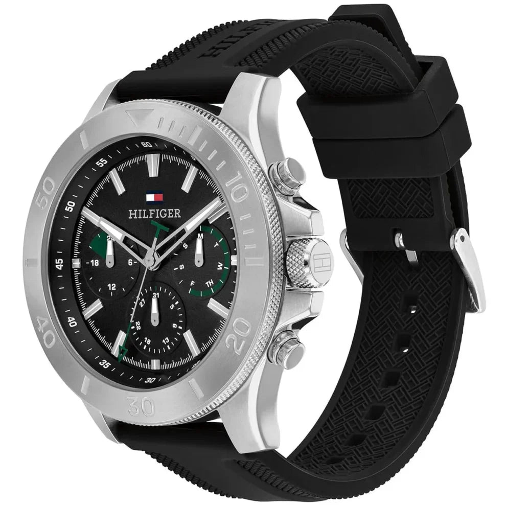 Tommy Hilfiger Bryan 1792111 Men's Silver Case Black Dial Rubber Watch