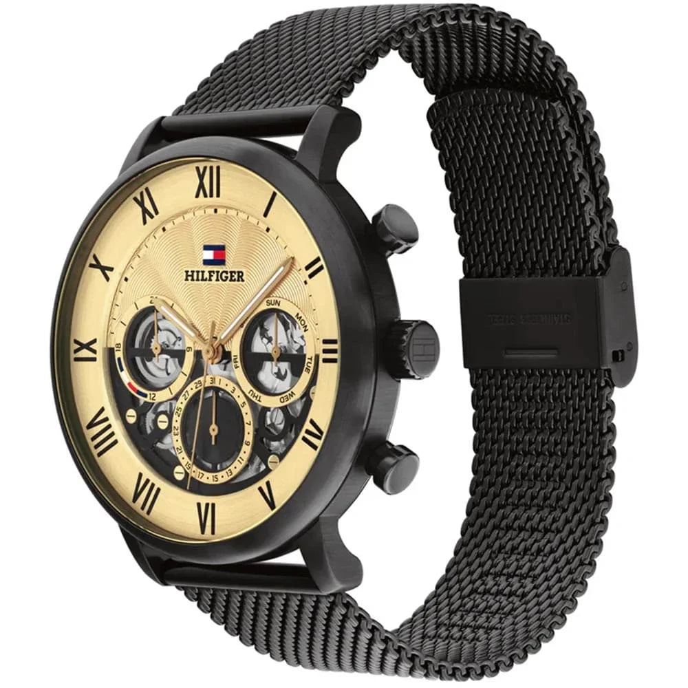 Original Tommy Hilfiger Legend Men's Watch - Black Mesh Steel & Beige Skeleton Dial (1710568)