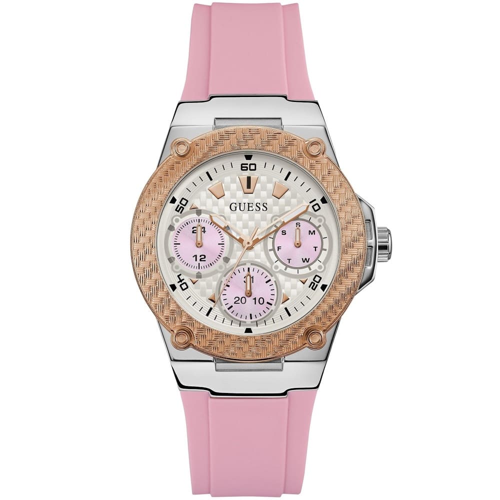Guess Zena Multi-Function W1094L4 Silver Case Rose Gold Bezel Pink Rubber Women's Watch