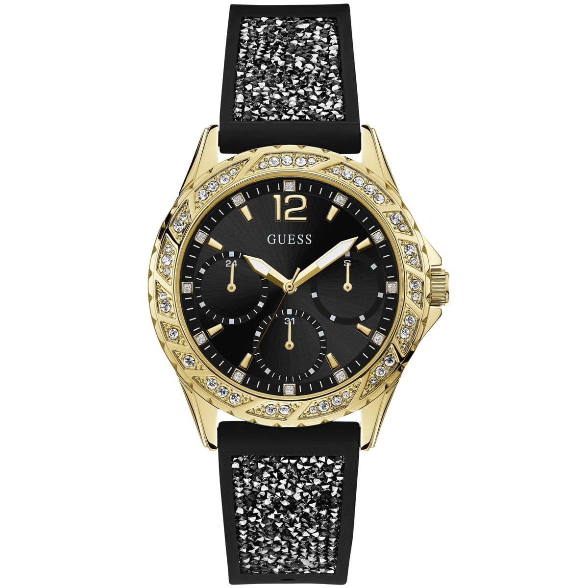Guess Swirl Multi-Function W1096L3 Gold Case Crystal Bezel Black Dial Black Crystal Rubber Women's Watch