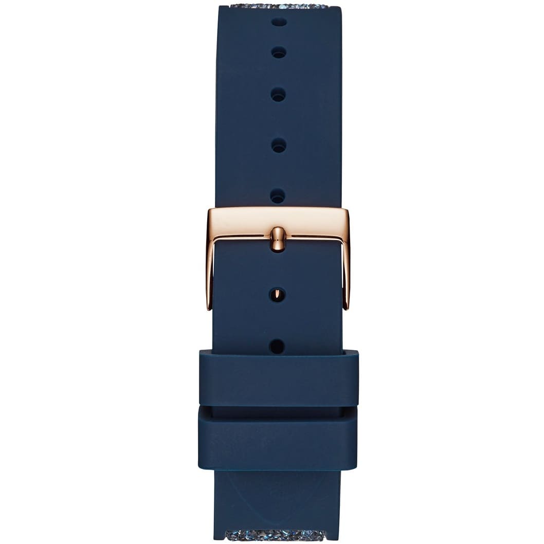 Guess Swirl Multi-Function W1096L4 Rose Gold Case Crystal Bezel White Dial Blue Crystal Rubber Women's Watch