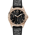 Guess Swirl Multi-Function W1096L5 Rose Gold Case Crystal Bezel Black Dial Black Crystal Rubber Women's Watch