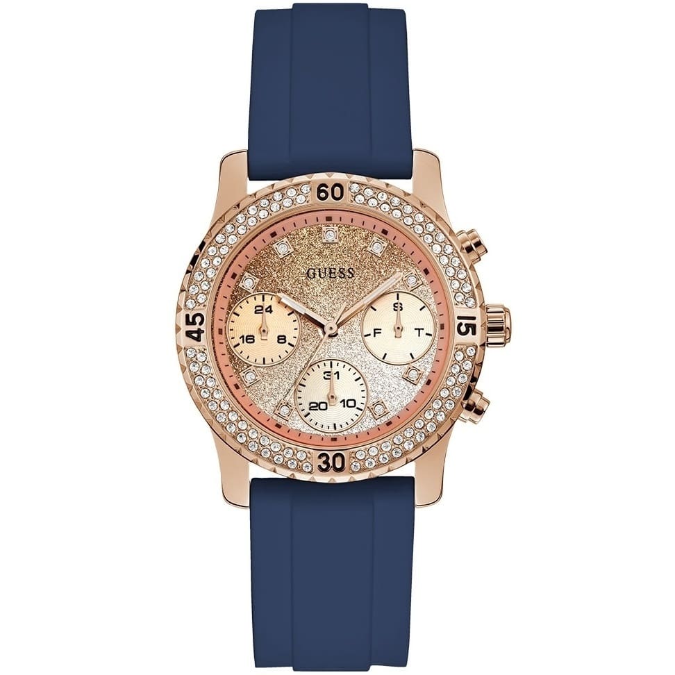 Guess Confetti Multi-Function W1098L6 Gold Case Crystal Bezel Blue Rubber Women's Watch